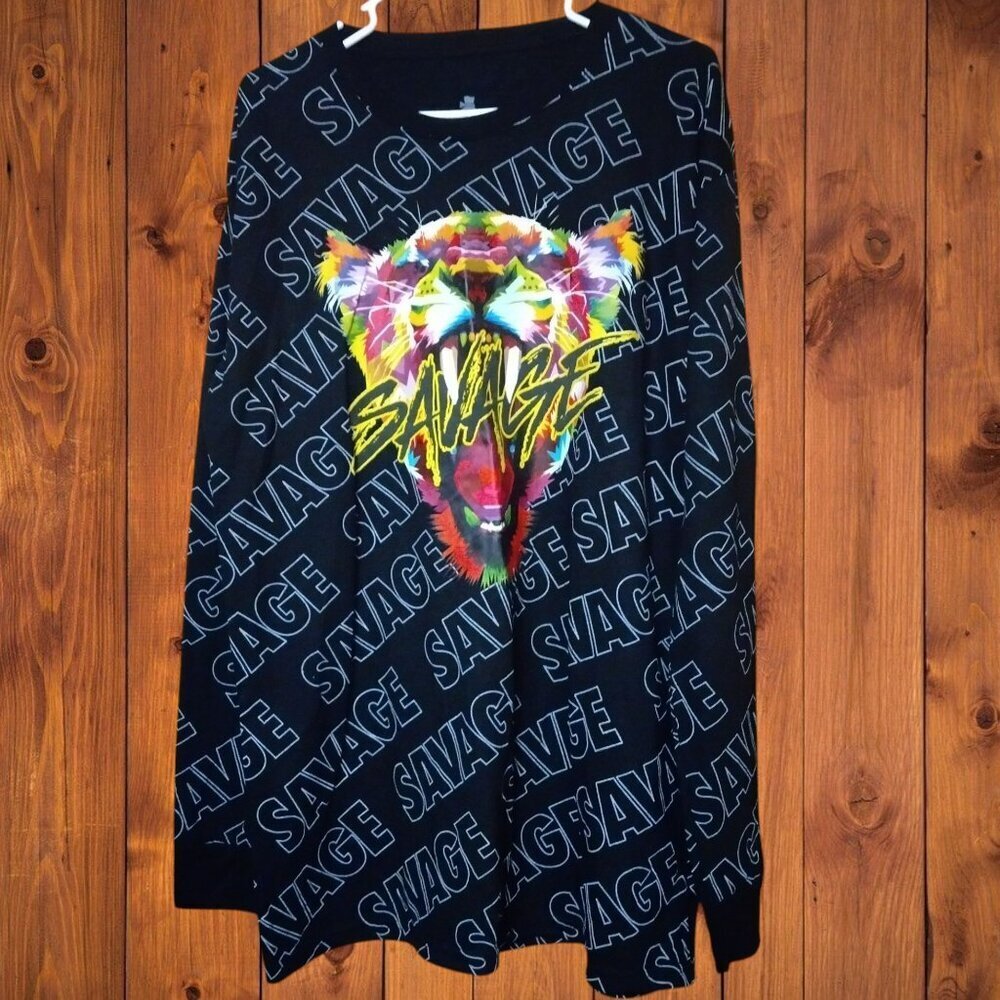 Launder Men's XL Long Sleeve "Savage" Graphic Print Black Shirt Pullover